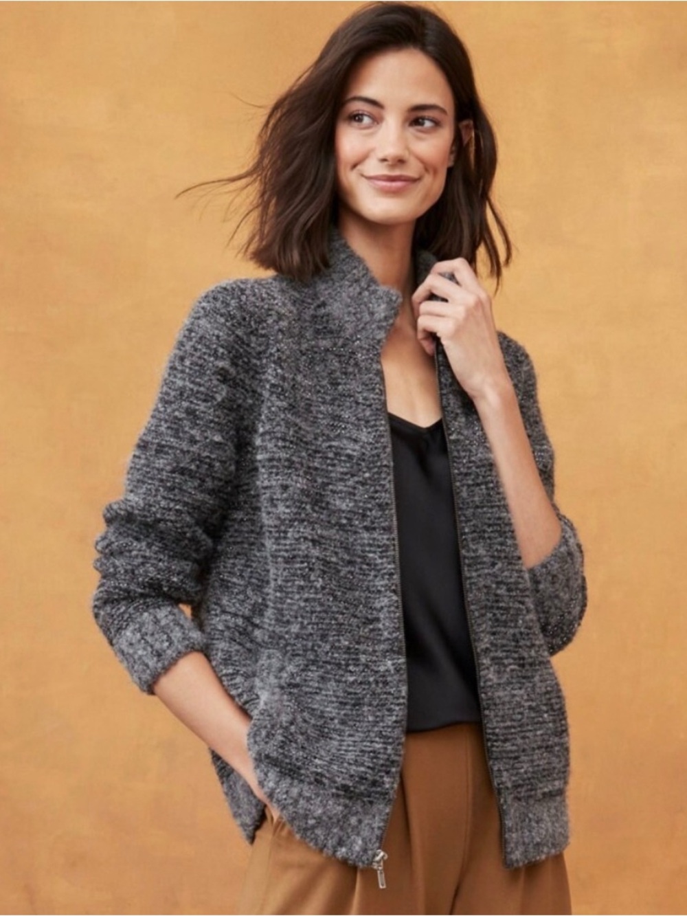 Garnet Hill Alpaca Blend zip up cardigan with pockets Size XS